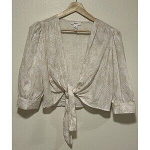 Japna Size Medium Beige Leaf Print Linen Blend Tie-Front Crop Blouse Shirt